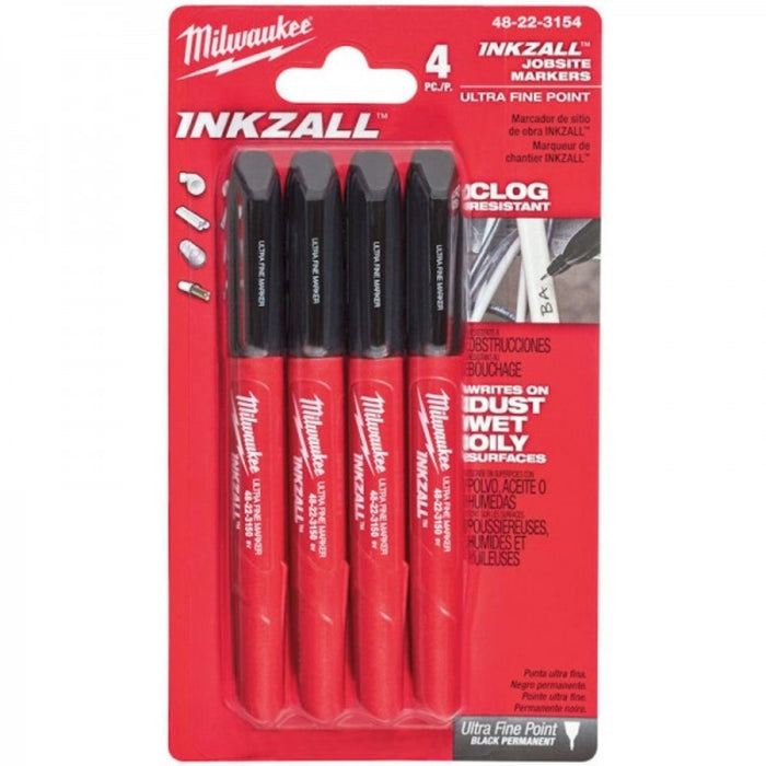 Milwaukee Inkzall Fine Tip Marker Pens - Black (Pack of 4)