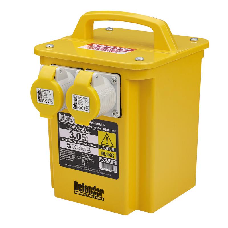 DEFENDER E203010 110V 3KVA PORTABLE TRANSFORMER, 16A