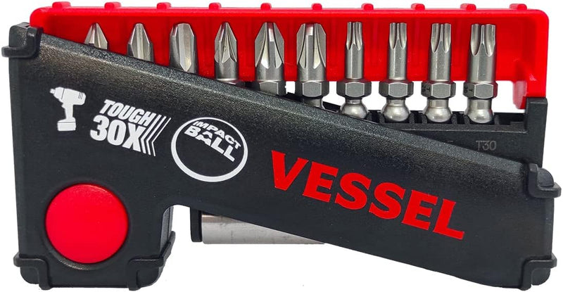 Vessel Set of 10 Torsion Impact Ball Bits + Bit Holder with Philips, Pozidrive & Torx bits - Tool Monster
