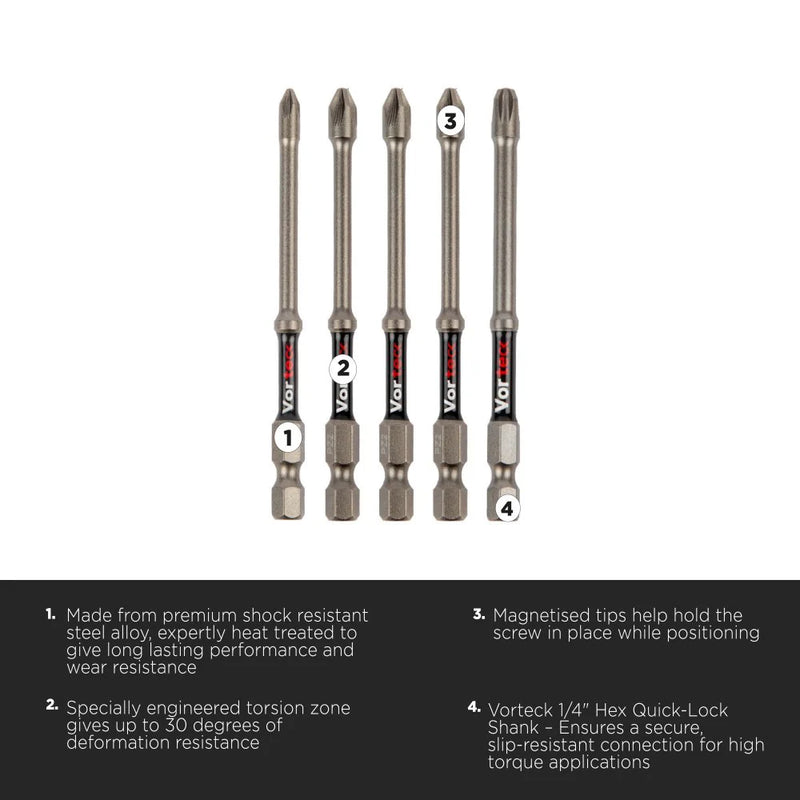 CK Tools T4470 Vorteck Impact Screwdriver Bits PZ2 - 50mm, 90mm & 150mm