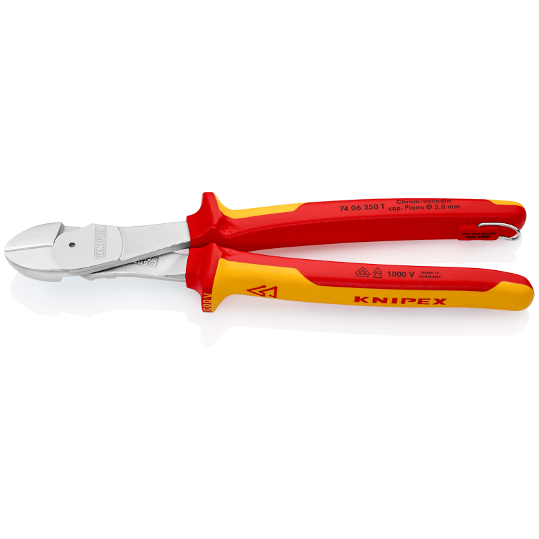 Knipex - 74 06 250 T - High Leverage Diagonal Cutter insulated with multi - component grips, VDE - tested with integrated insulated tether attachment point for a tool tether chrome - plated 250 mm cutting edges with bevel - Tool Monster