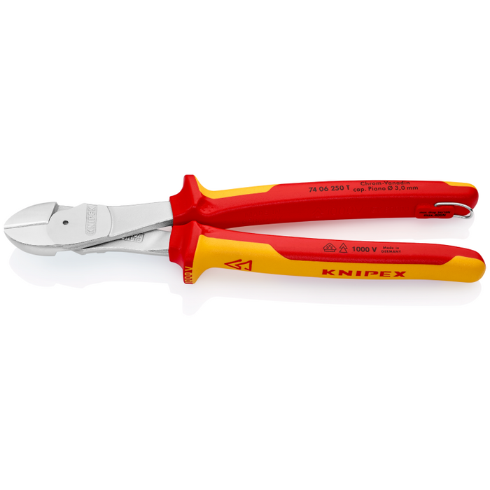 Knipex High Leverage Diagonal Cutter insulated with multi-component grips, VDE-tested with integrated insulated tether attachment point for a tool tether chrome-plated 250 mm cutting edges with bevel