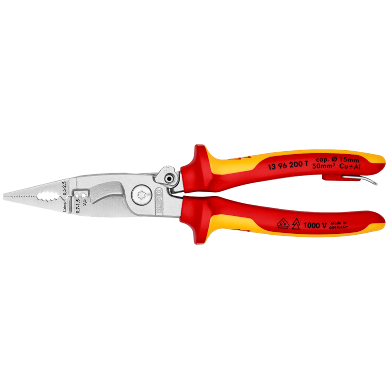 Knipex 13 96 200 T BK - Pliers for Electrical Installation insulated with multi-component grips, VDE-tested with integrated insulated tether attachment point for a tool tether chrome-plated flat jaws 200 mm Ø 15 mm / 50 mm² (Comes in plastic packaging) - Tool Monster