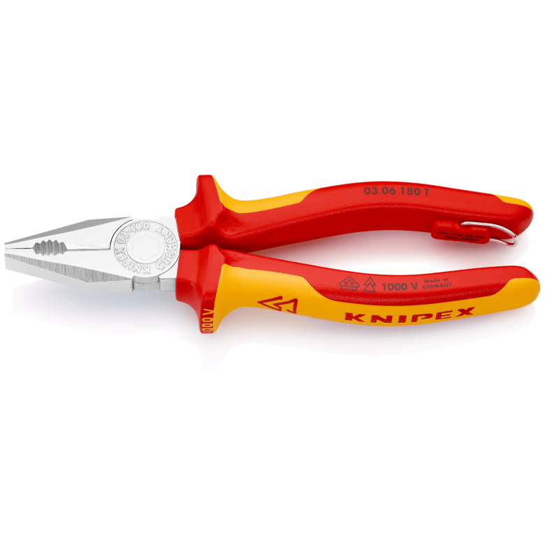 Knipex Combination Pliers insulated with multi - component grips, VDE - tested with integrated insulated tether attachment point for a tool tether chrome - plated 180 mm cutting edges with bevel - Tool Monster
