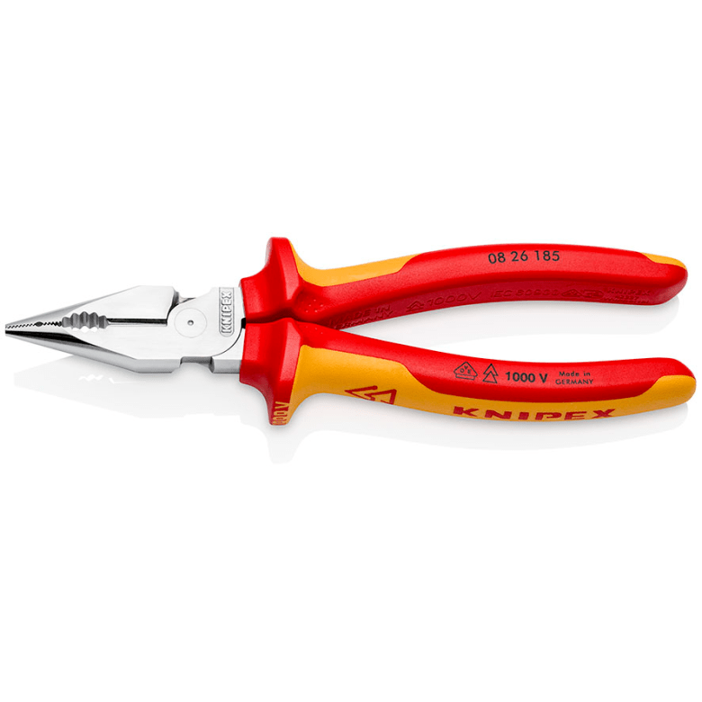 Knipex Needle - Nose Combination Pliers insulated with multi - component grips, VDE - tested chrome - plated polished 185 mm cutting edges with bevel - 08 26 185 - Tool Monster