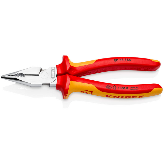 Knipex Needle-Nose Combination Pliers insulated with multi-component grips, VDE-tested chrome-plated polished 185 mm cutting edges with bevel