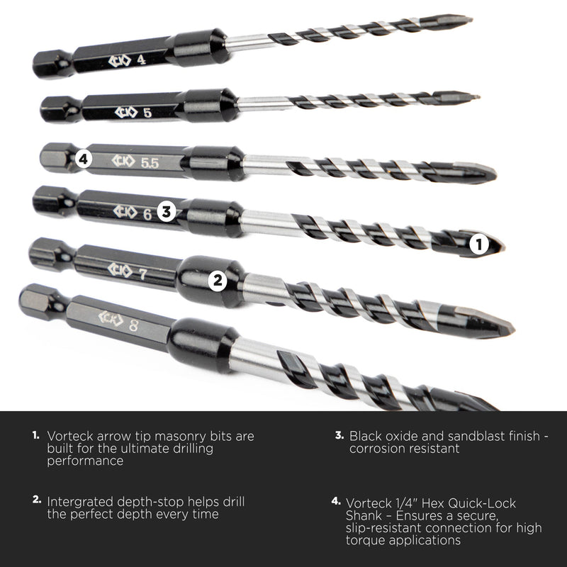 C.K Tools T3115 Vorteck HD Masonry and Tile Drill Bits 4mm-8mm