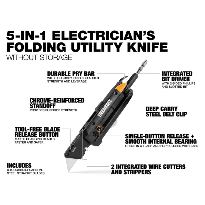 ToughBuilt TB-H4-12-IM Electrician's Folding Utility Knife with Bit Driver + Pry Bar