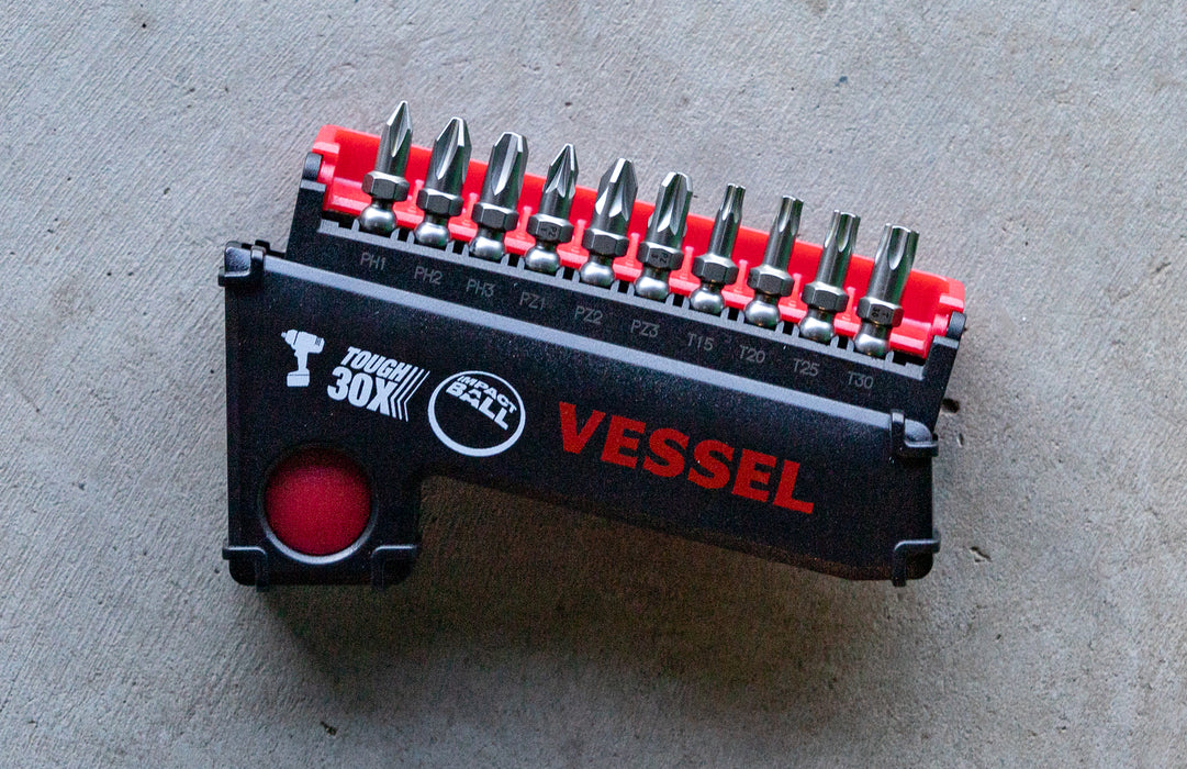 Vessel Set of 10 Torsion Impact Ball Bits + Bit Holder with Philips, Pozidrive & Torx bits