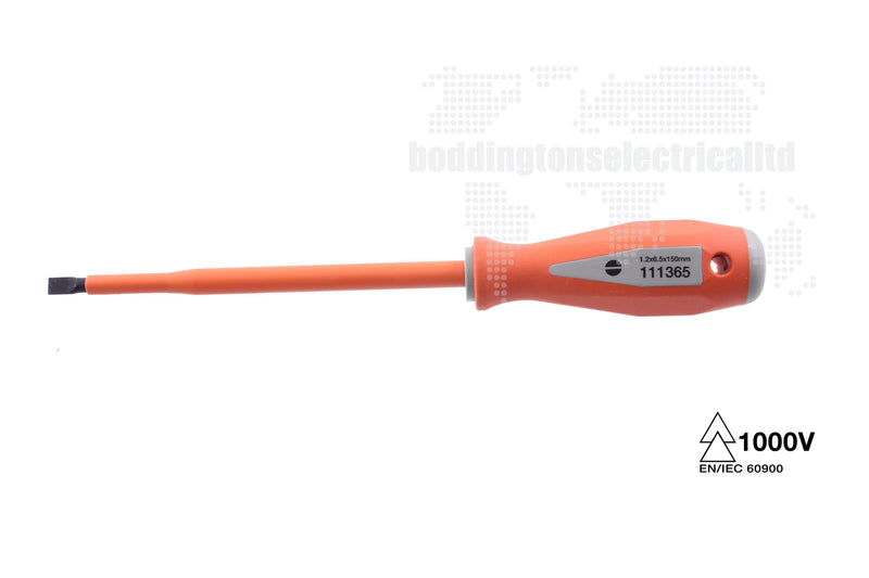 111365 Insulated Slotted Screwdriver, 6.5mm Tip Length, 1.2 Tip Width, 150mm Blade Length Tool Monster