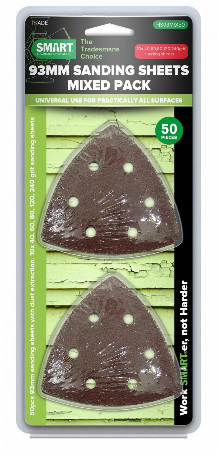 Smart 93mm Mixed Grit Triangular Sanding Sheets - 50pk - HS93MIX50 - Tool Monster