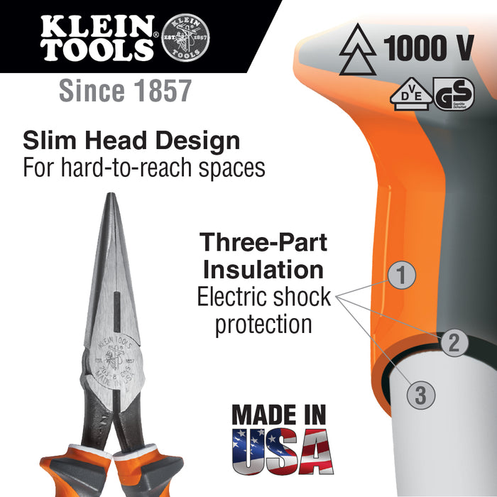 Klein Tool Long Nose Side Cutter Pliers 6-Inch Slim Insulated